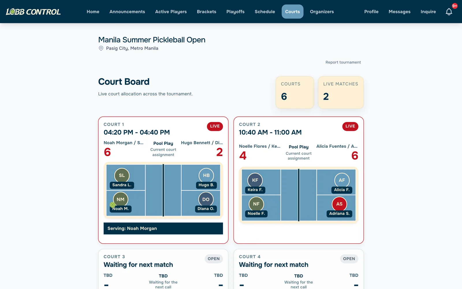 Public live court board showing courts in play and courts waiting for the next match