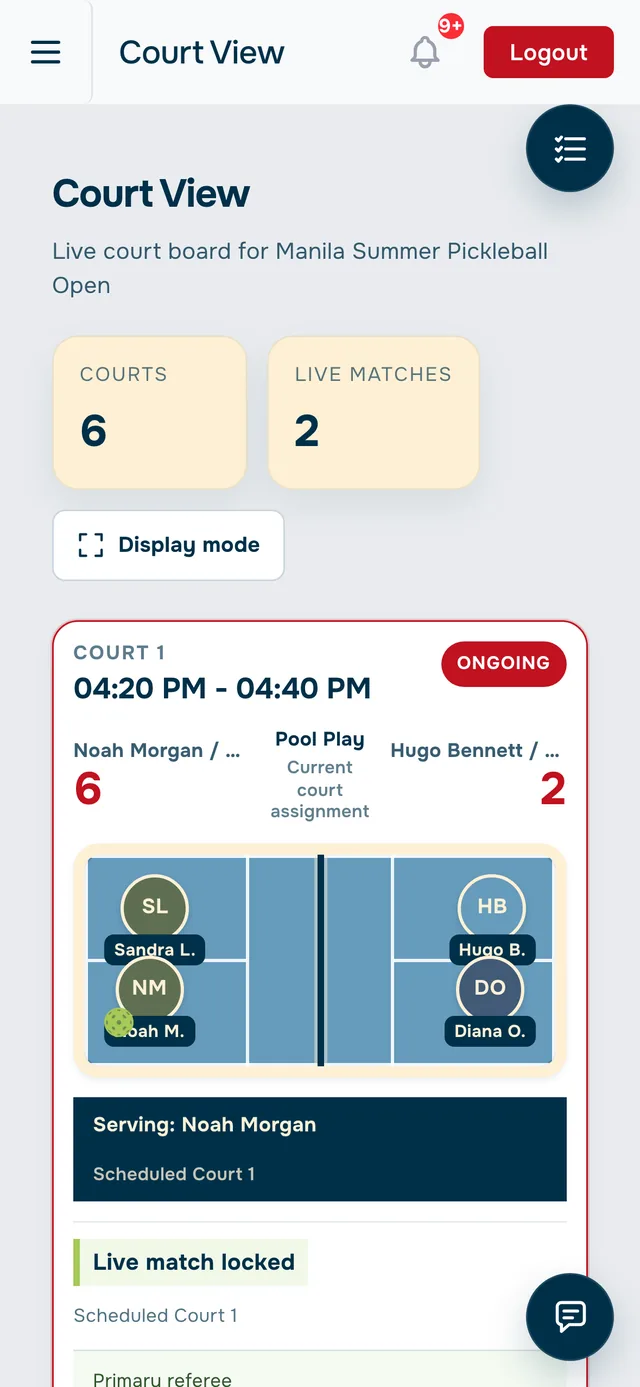 Lobb Control Court View on a phone showing Court 1 live with the serving player highlighted