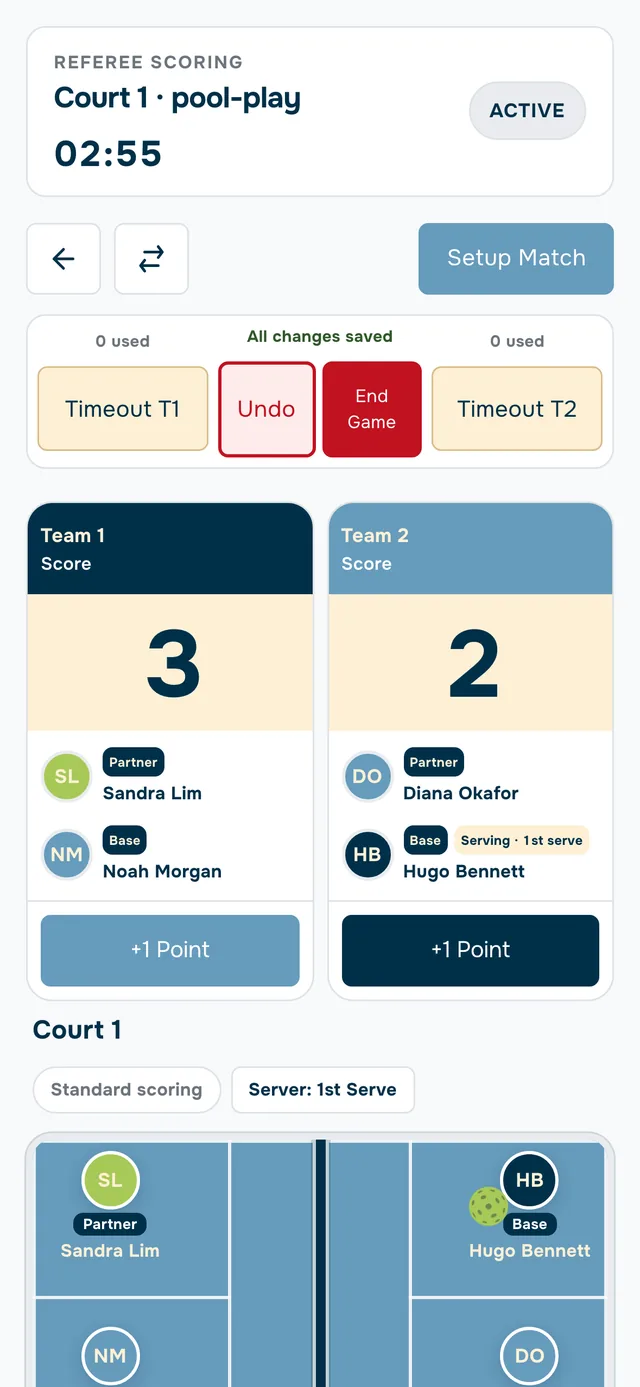 Lobb Control referee scoreboard on a phone showing a 3-2 score, serving player and court diagram