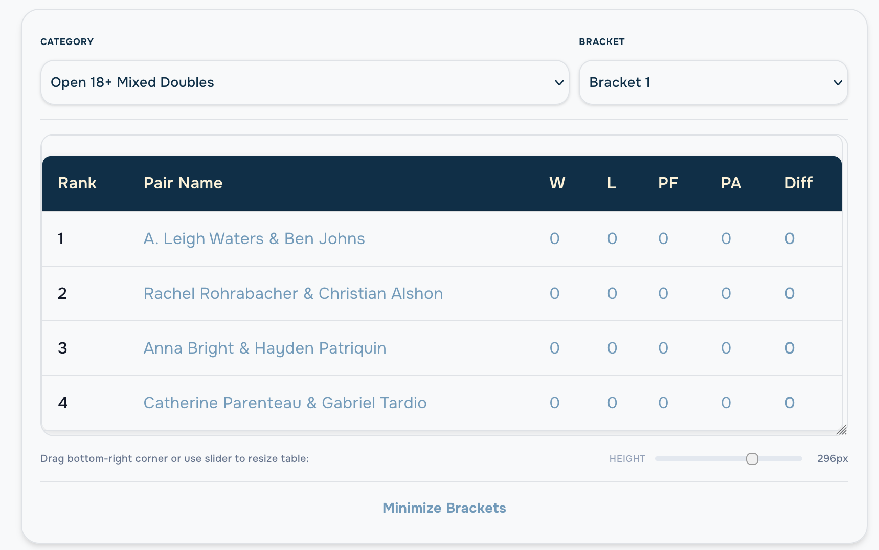 Lobb Control pickleball tournament bracket generator displaying automated seedings and matches
